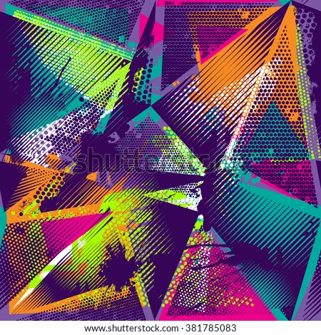 Abstract seamless geometric pattern with urban elements, scuffed, drops, sprays, triangles, neon spray paint. Grunge texture background. Wallpaper for boys, girls. Creative original repeated backdrop