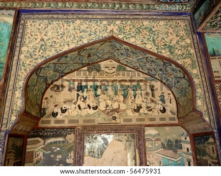 painting on a wall mural in Bundi palace, india