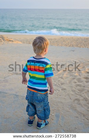 Little boy turned away on the sandy beach on sunset