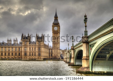 LONDON, UK - APRIL 5, 2014:  Big Ben and houses of Parliament on the river Thames, London UK