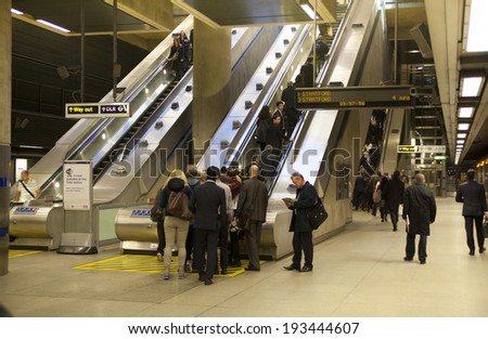 LONDON, UK - MAY 14, 2014: London tube, Canary Wharf station, busiest station in London, bringing about 100 000 office workers every day