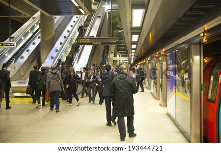 LONDON, UK - MAY 14, 2014: London tube, Canary Wharf station, busiest station in London, bringing about 100 000 office workers every day