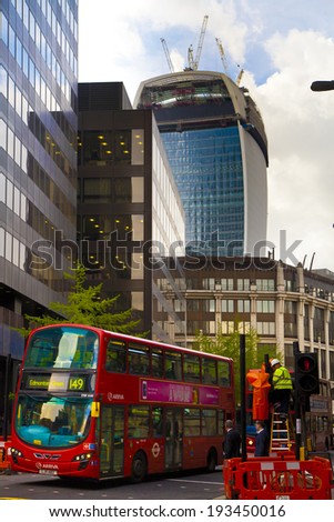 LONDON, UK - APRIL 24, 2014: City of London one of the leading centres of global finance, headquarters for leading banks, insurance, stock exchange and other businesses. Walkie Talkie building