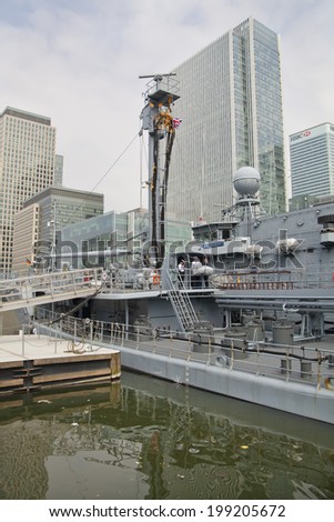 LONDON, UK - MAY 17, 2014: German army military ships based in Canary Wharf area, to be open for public with educational content.