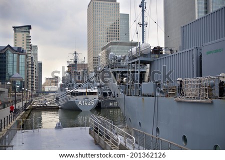 LONDON, UK - MAY 17, 2014  German army military ships based in Canary Wharf aria, to be open for public in educational content