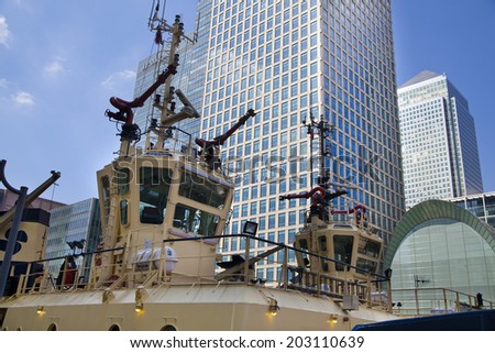 LONDON, UK - MAY 17, 2014 German army military ships based in Canary Wharf aria, to be open for public in educational content