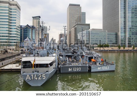 LONDON, UK - MAY 17, 2014 German army military ships based in Canary Wharf aria, to be open for public in educational content