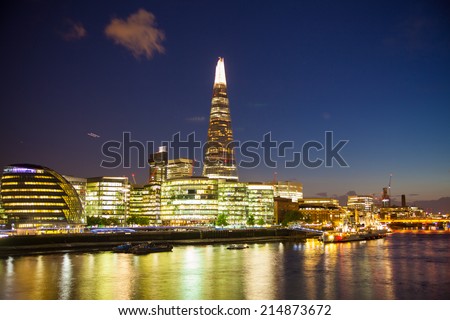 LONDON, UK - AUGUST 11, 2014: Shard of glass in night lights, view from the Tower bridge