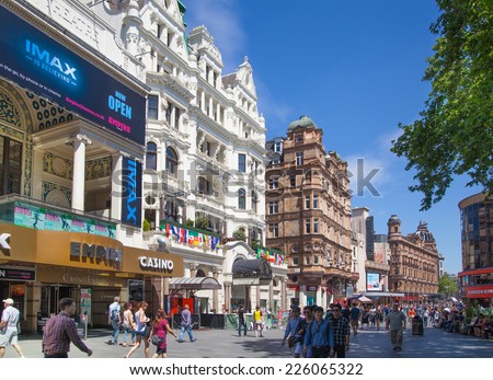 LONDON, UK - SEPTEMBER 30, 2014: Leicester square, popular place with cinemas, cafes and restaurants