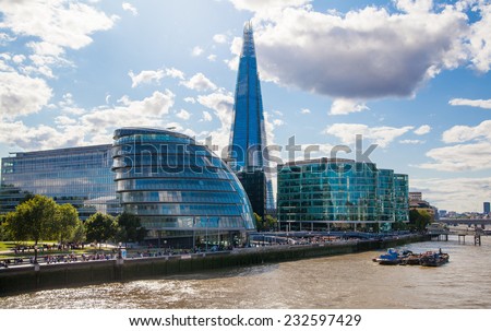LONDON, UK - AUGUST 16, 2014: Shard of glass on river Thames. Modern London architecture