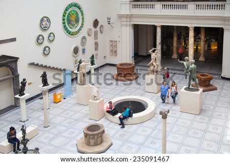 LONDON, UK - AUGUST 24, 2014: Victoria and Albert Museum exhibition hall. V&A Museum is the world\'s largest museum of