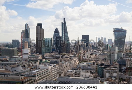 LONDON, UK - AUGUST 9, 2014 London view. City of London one of the leading centres of global finance this view includes Tower 42, Lloyeds bank, Gherkin, Walkie Talkie building and other