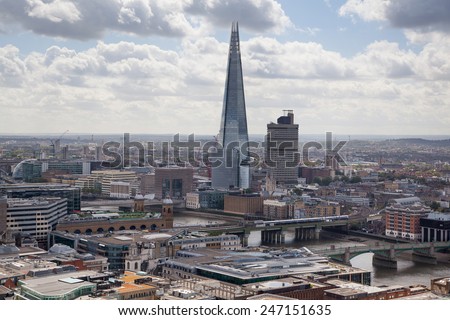 LONDON, UK - AUGUST 9, 2014 Shard of glass. London panorama view from St. Paul cathedral.