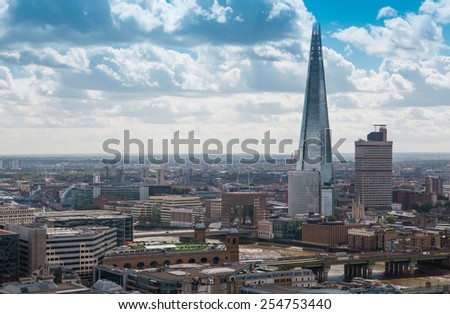 LONDON, UK - AUGUST 9, 2014. Shard of glass, London\'s panorama view from St. Paul cathedral.