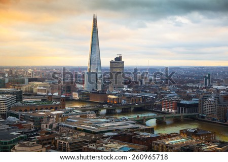 LONDON, UK - AUGUST 9, 2014. Shard of glass. London\'s panorama in sunset from St. Paul cathedral.