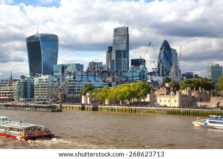 LONDON, UK - AUGUST 16, 2014: city of London view from river Thames. Modern London architecture