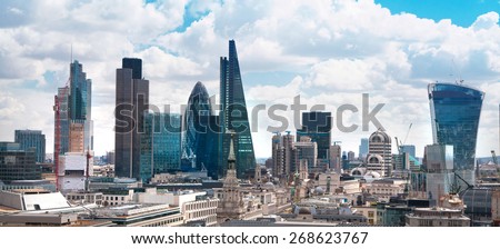LONDON, UK - AUGUST 16, 2014: city of London view from river Thames. Modern London architecture