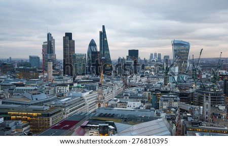 LONDON, UK - JANUARY 27, 2015: City of London, business and banking aria. London\'s panorama in sun set. View from the St. Paul cathedral