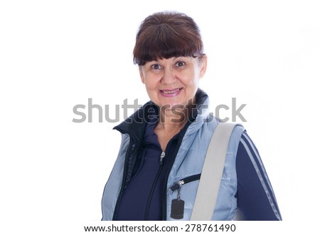 Pension age good looking woman in sport outfit against of white background