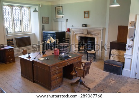 SUSSEX, UK - APRIL 11, 2015: Interion of old english office. Old garden educational center