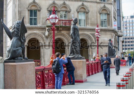 LONDON, UK - SEPTEMBER 19, 2015: Holborn Viaduct, 1863-1869.  Building cost was over  Â£2 million (over  Â£165 million in 2014)