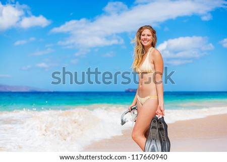 Beautiful Woman with Snorkel Gear at the Beach