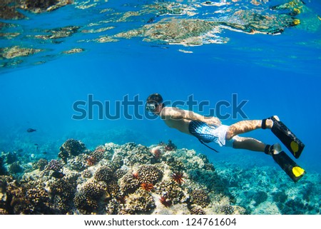 Young Man Snorkeling Underwater over Tropical Reef in Hawaii