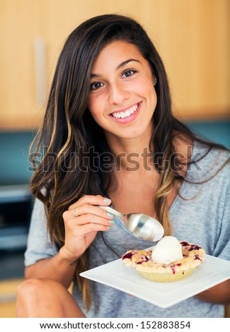Woman Eating Berry Pie and Ice Cream, Diet Concept
