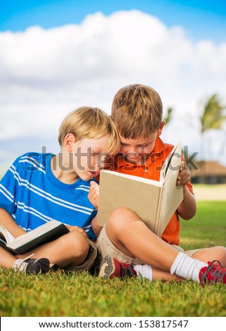 Happy Kids, Young Boys Reading Books Outside, Friendship and Learning Concept
