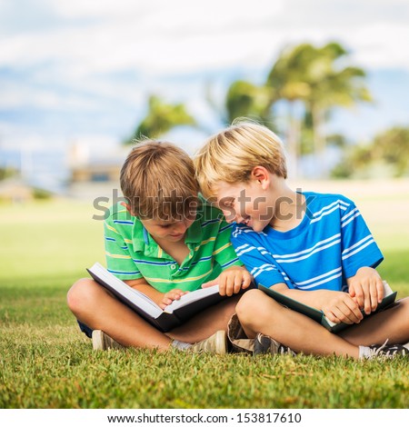 Happy Kids, Young Boys Reading Books Outside, Friendship and Learning Concept