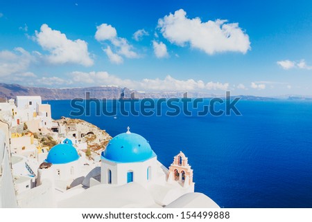 White Architecture and Blue Ocean, Santorini Island, Greece, View of caldera with domes
