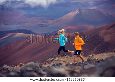 Fitness Sport Couple Running Jogging Outside On Trail