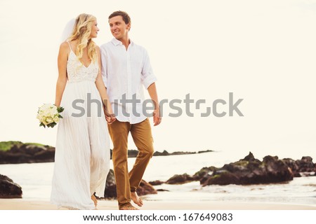 Bride and Groom, Romantic Newly Married Couple Holding Hands Walking on the Beach, Just Married