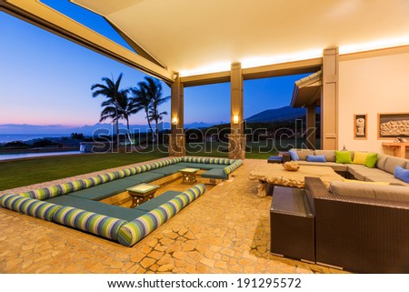 Beautiful Luxury Home, Exterior Patio Lounge at Sunset