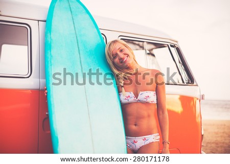 Beach Lifestyle, Beautiful Surfer Girl on the Beach at Sunset with Classic Vintage Surf Van