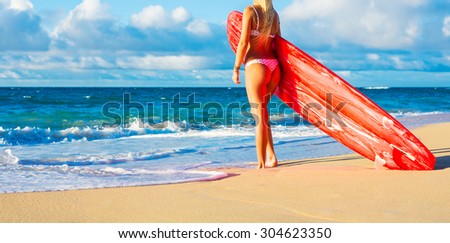 Beautiful Blonde Surfer Girl on the Beach at Sunset. Summer Lifestyle.