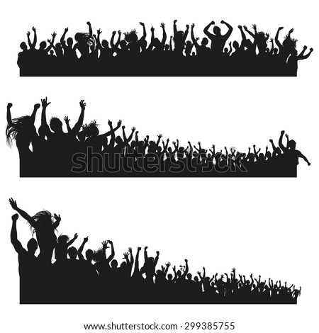 Three high Quality compositions of a mixed group of male and female young people silhouettes posing as a cheering crowd for a concert or sport event.