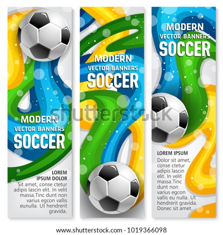 Soccer ball banner for football game sport club template. Football or soccer ball with colorful ribbon swirls and text layout for sport competition match flyer or championship tournament promo design