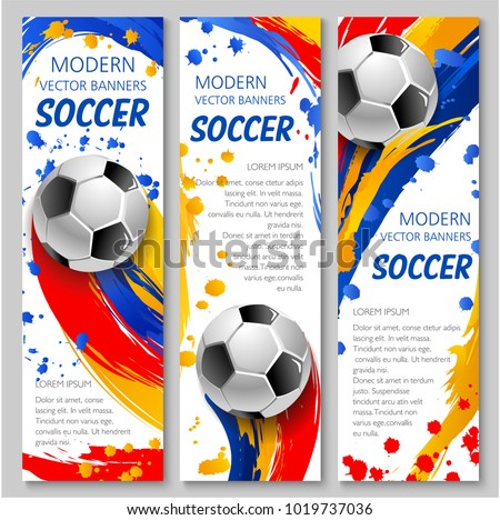 Soccer ball sporting banner for football sport game competition event template. Soccer ball with text layout flyer design, decorated by colorful paint splashes, brush strokes, spot and blot