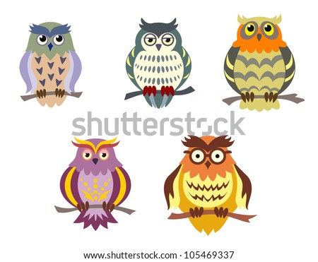 Color cartoon owls set in doodle style for funny design, such logo. Jpeg version also available in gallery - stock vector