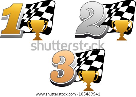 Auto Racing Flags  Banners on Checkered Racing Flag With Trophy And Golden  Silver And Bronze