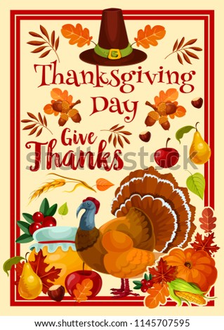 Thanksgiving Day greeting card for traditional autumn holiday. Vector design of turkey, pumpkin and berry fruits harvest with acorns in autumn maple, oak or rowan leaf fall