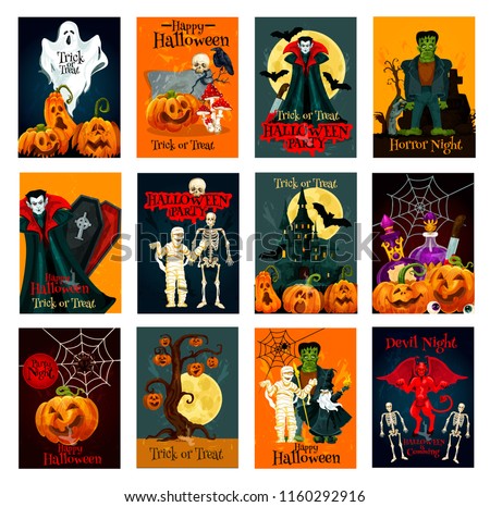 Halloween holiday trick or treat greeting card set. Halloween pumpkin lantern, spider and bat, ghost, skeleton skull and zombie, Dracula vampire and haunted house, devil, mummy and moon card design