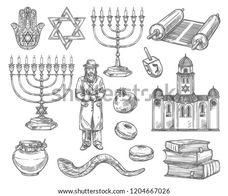 Judaism religion sketches with vector symbols of jewish holidays. Hanukkah menorah, Rosh Hashanah shofar, honey, donut and pomegranate, David Star, torah and dreidel, rabbi, synagogue, book and hamsa