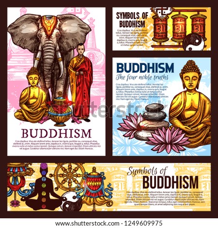 Buddhism religion design with holy symbols, vector. Monk in robe and elephant, Buddha statue and vase, lanterns and lotus flower. Pebble and chakras, fortune wheel and yin yang sign