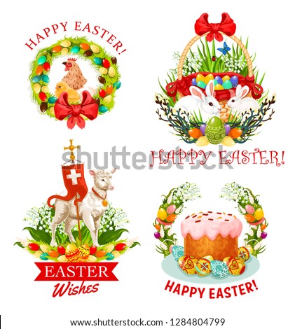 Happy Easter icons with Christian religion holiday vector symbols. Easter eggs, bunnies and chickens, lamb of God, cross and cake, spring flowers wreath and willow branches greeting card design