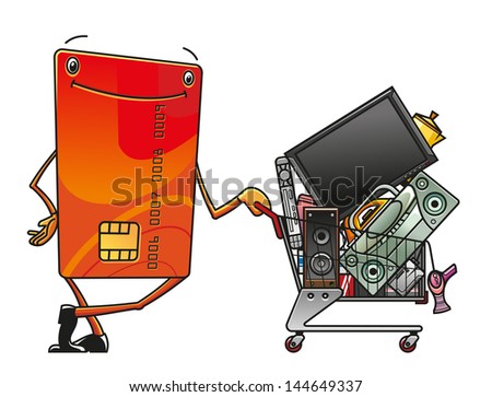 Credit card with shopping cart of electronics in cartoon style or idea of logo. Vector version also available in gallery