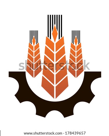 Icon depicting industry and agriculture logo with three ears of ripe golden wheat above a partial mechanical gear wheel depicting industry