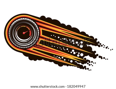 Red hot speeding motorsports icon logo with a tyre inset with a speedometer trailing flames and smoke, cartoon illustration
