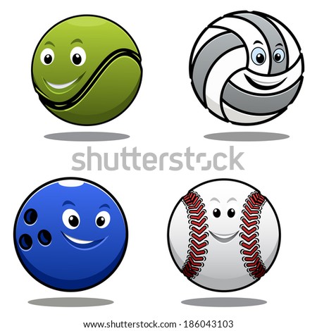 Set of four cartoon sports balls logo including a tennis ball, volley ball, cricket ball and bowls with smiling happy faces